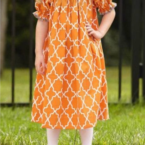 Lolly Wolly Doodle Smocked Bishop Orange Long Thanksgiving Dress - Picture 4 of 8